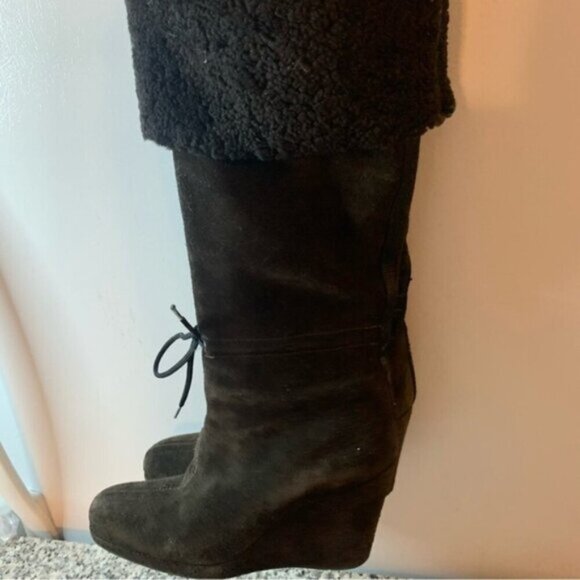 Prada Brown Suede Leather Shearling Knee High Wedge Boots 7 - Picture 7 of 15